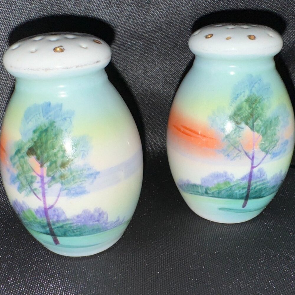 Vintage Nippon Salt Pepper Shaker, Handpainted, Japan, Green Tree